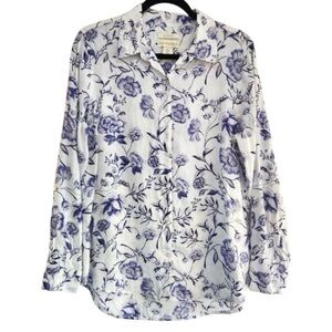 Cynthia Rowley White 100 % Linen Button-Down Shirt with Blue Floral Print NWOT